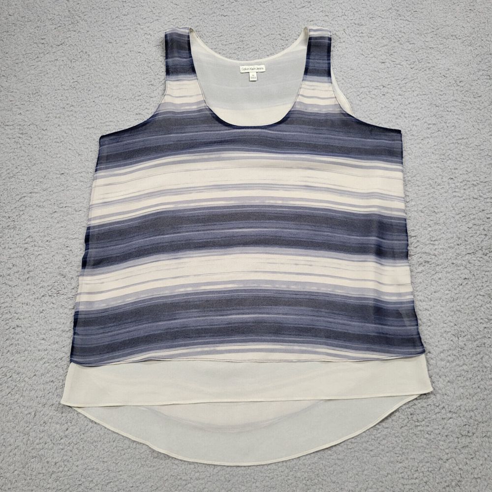 Calvin Klein Shirt Womens Medium Blue White Striped Pullover Tank Top